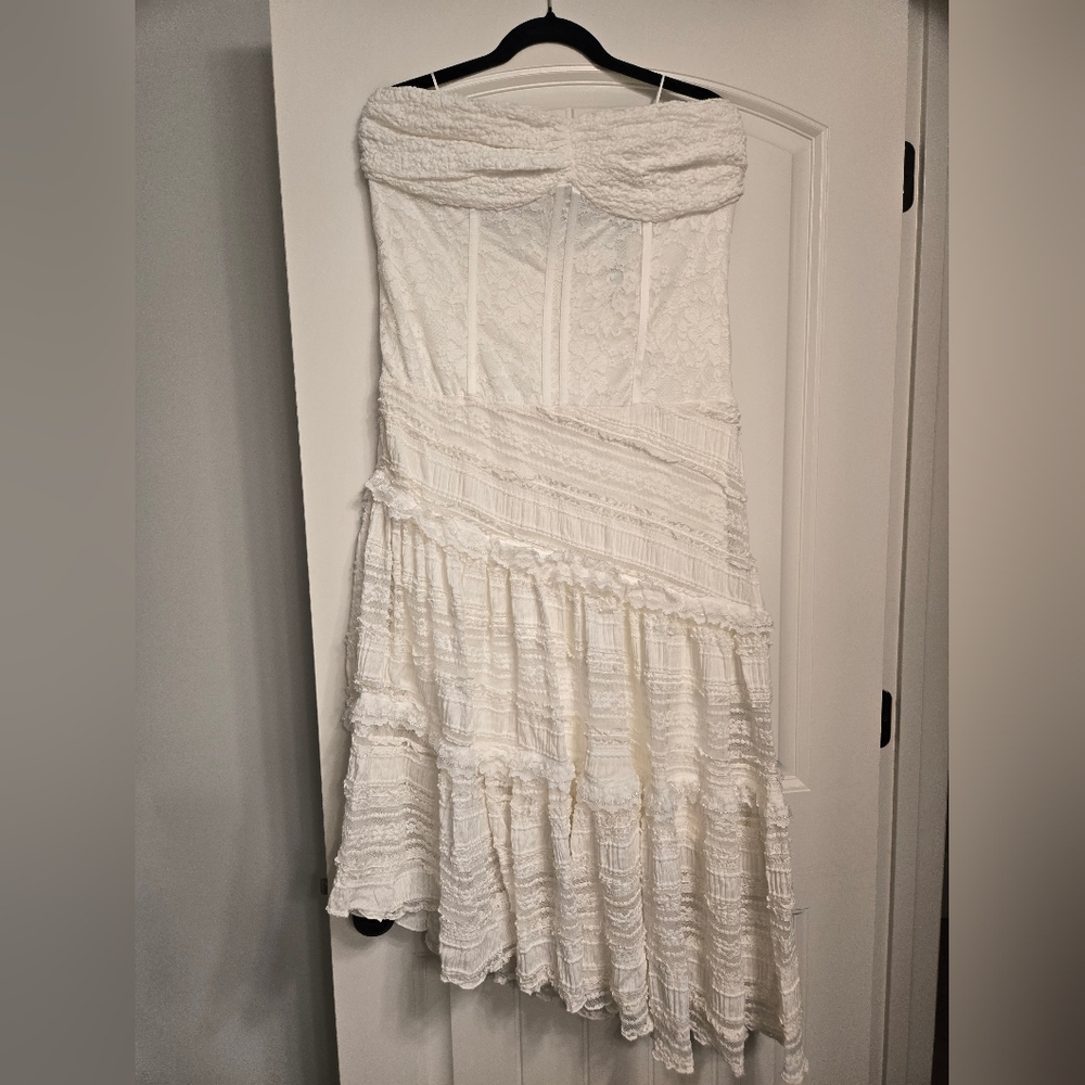 Anthropologie White Tiered Lace Midi Dress Strapless - Picture 2 of 8